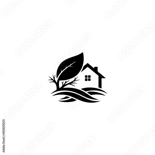 Eco-friendly home with large leaf and organic landscape illustration, representing sustainable living and natural environment concept isolated on transparent background