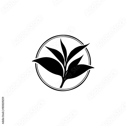 Stylized black silhouette of tea leaves in a double circular frame, symbolizing organic herbal beverage, natural prod. isolated on transparent background