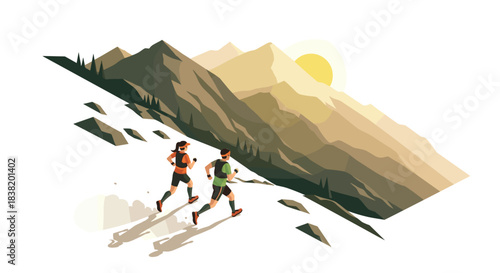 Mountain trail runners at sunrise in a stunning minimalistic landscape