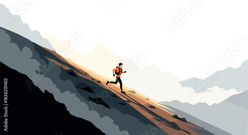 Minimalist mountain landscape with lone hiker on steep trail at sunrise