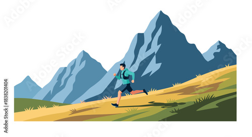 Hiker running on mountain trail with dynamic flat design