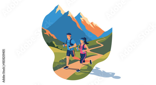 Colorful abstract of runners in mountain landscape