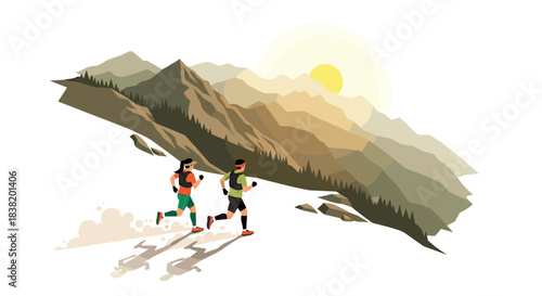 Dynamic running duo in scenic mountain landscape at sunrise
