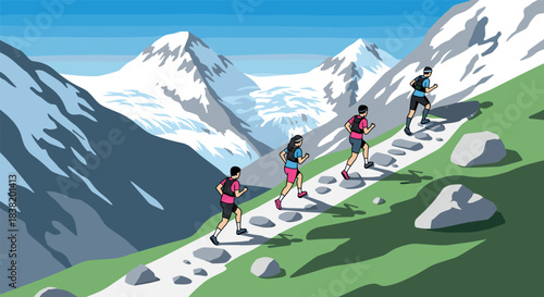 Group of runners in vibrant colors running in mountain scenery