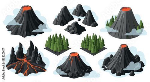 Volcanic landscapes: isometric volcanoes, rock formations, and forests with lava flows