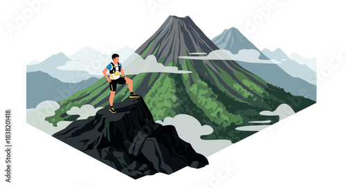 Adventurous hiker standing on rocky peak with majestic mountain landscape in background