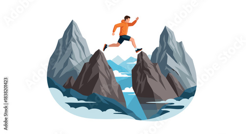 Adventurer leaping across mountain peaks in vibrant natural landscape