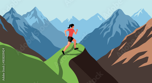 Woman running on mountain trail with scenic background in flat design