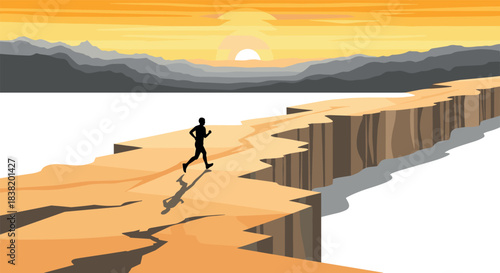 Silhouette runner on cracked path at sunset with mountainous backdrop