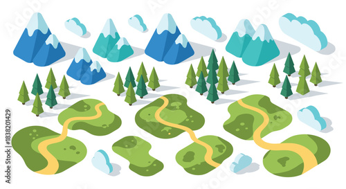 Isometric landscapes with mountains, paths, and trees in a flat design