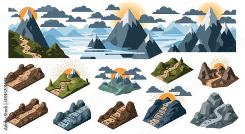 Mountain landscape collection with sunset and sunrise scenes, flat style