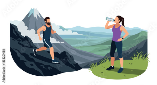 Mountain adventure: trail running and refreshment in scenic landscape
