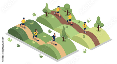 Isometric hill running scene with joggers and nature elements