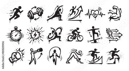 Collection of black grunge sport icons in a graffiti stencil style showing fitness, workout, and exercise concepts like running, boxing, yoga, and weightlifting with paint drips