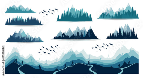 Minimalist mountain and forest silhouettes with hiking trails and birds