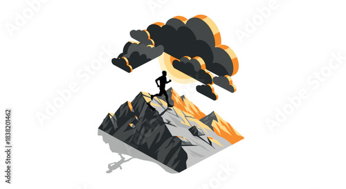 Isometric runner climbing mountain under dramatic sky