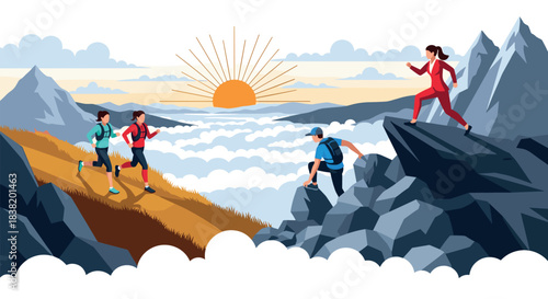 Adventurous team hiking in mountainous landscape with sunrise