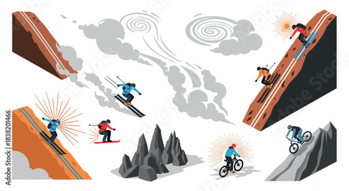 Dynamic extreme sports in flat design: skiing and mountain biking adventures