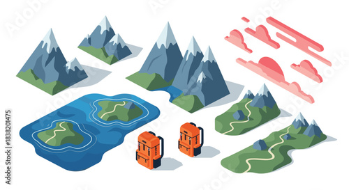 Isometric mountain landscape with islands and hiking elements
