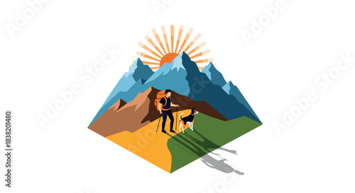 Hiking adventure with dog in mountain landscape at sunrise