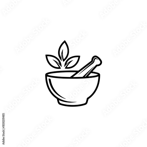 Stylized illustration of mortar and pestle with three leaves, representing natural health, herbal medicine, and traditional remedies isolated on transparent background