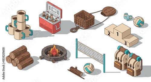 Isometric camping equipment and playground icons with volleyball net and podium