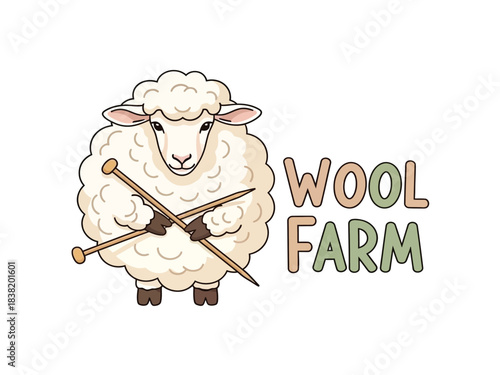 A fluffy sheep with knitting needles crossed in front of it, next to the text "WOOL FARM".