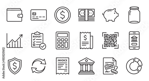 Collection of minimalist finance line icons representing banking, money, payment, savings, budget, and investment, featuring a wallet, credit card, piggy bank, and calculator