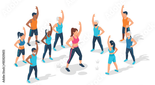 Group fitness class with diverse people exercising in isometric style