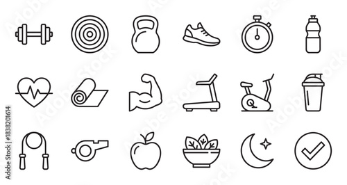 Comprehensive set of thin line icons for health and fitness, featuring gym workout equipment, nutrition elements, and wellness symbols like a heart rate, apple, and treadmill