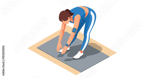 Isometric fitness woman stretching on yoga mat in athletic outfit with smart devices