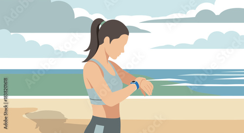 Athletic woman checking smartwatch on beach with cloudy sky background