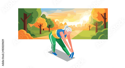 Elderly woman stretching in autumn park with vibrant sunset and colorful background