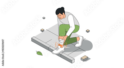 Woman suffering ankle pain after injury on sidewalk in isometric style