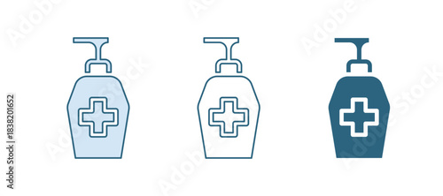 Blue Bottle of liquid antibacterial soap with dispenser icon isolated on white background. Antiseptic. Disinfection, hygiene, skin care. Vector