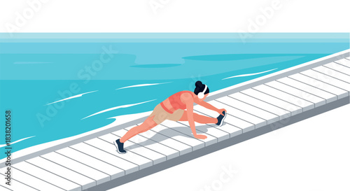 Woman stretching by ocean on sunny day in flat design