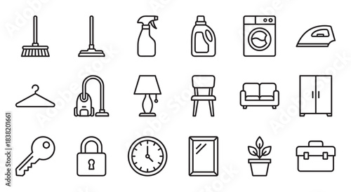 Large set of household item icons featuring cleaning supplies, furniture, appliances, and home objects in a minimalist black and white line art style for various design concepts