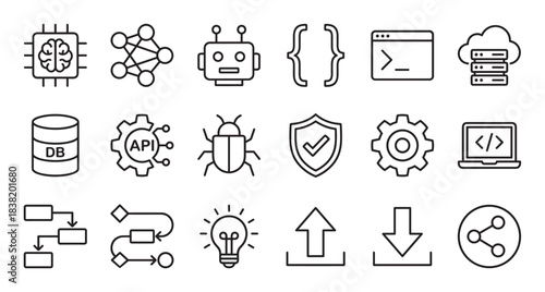 Set of black line icons representing software development, programming, and artificial intelligence concepts like database, API, cloud computing, security, coding, and workflow