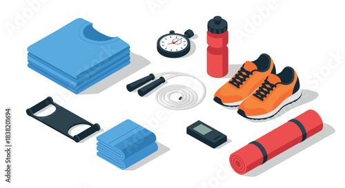 Essential fitness equipment in modern isometric design for home workouts