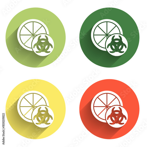 Set Genetically modified citrus fruit icon isolated with long shadow background. Orange in a cut. Healthy lifestyle. GMO fruit. Color circle button. Vector