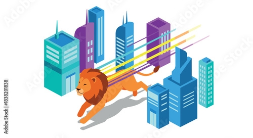 Isometric lion sprinting through vibrant cityscape with colorful trails