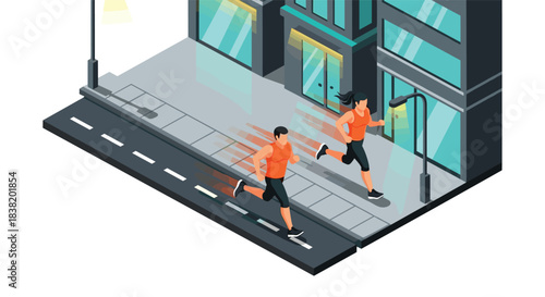 Isometric urban jogging scene with runners in motion
