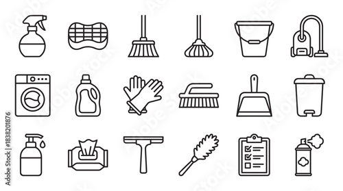 Cleaning and household chore line art icons collection showing various domestic tools and supplies like a broom, mop, vacuum, and detergent in a simple minimalist style