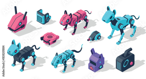 Colorful robotic animals and devices in isometric style on white background