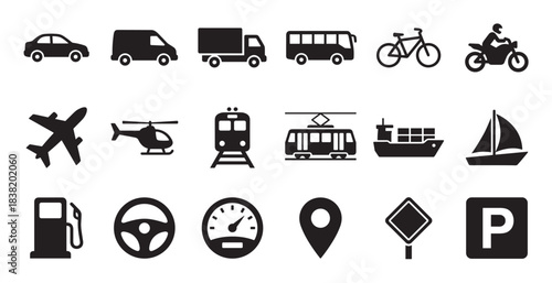 Set of black transportation vector icons showing various vehicles like cars, trucks, planes, and trains, along with travel and navigation symbols such as a map pin and road signs