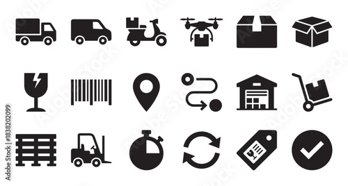 Black solid glyph icons for logistics and delivery services, a collection of symbols including a truck, drone, box, barcode, warehouse, and forklift for shipping and e-commerce