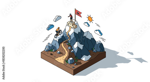 Isometric mountain biking adventure with climbers on rocky peak in minimalist style