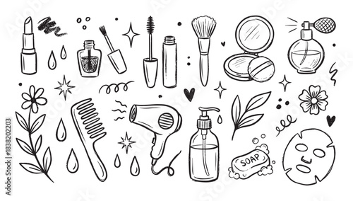 Hand-drawn black and white beauty products collection in a cute doodle style, featuring lipstick, mascara, perfume, a hairdryer, and various skincare items for a self-care routine