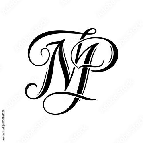 Elegant intertwined monograms 'n' and 'p' in a decorative script font on a white background isolated on transparent background