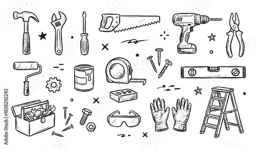 Hand-drawn set of construction tools in a black and white doodle style, featuring a hammer, saw, drill, and other DIY equipment for repair and renovation projects